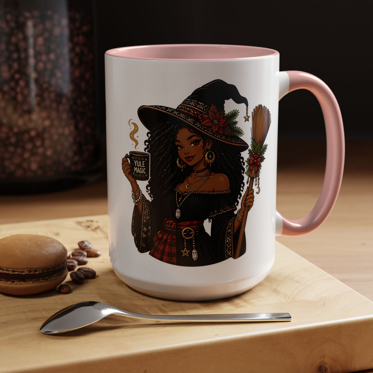 Witchy Christmas Coffee Mug with Black Witch and Broom Design