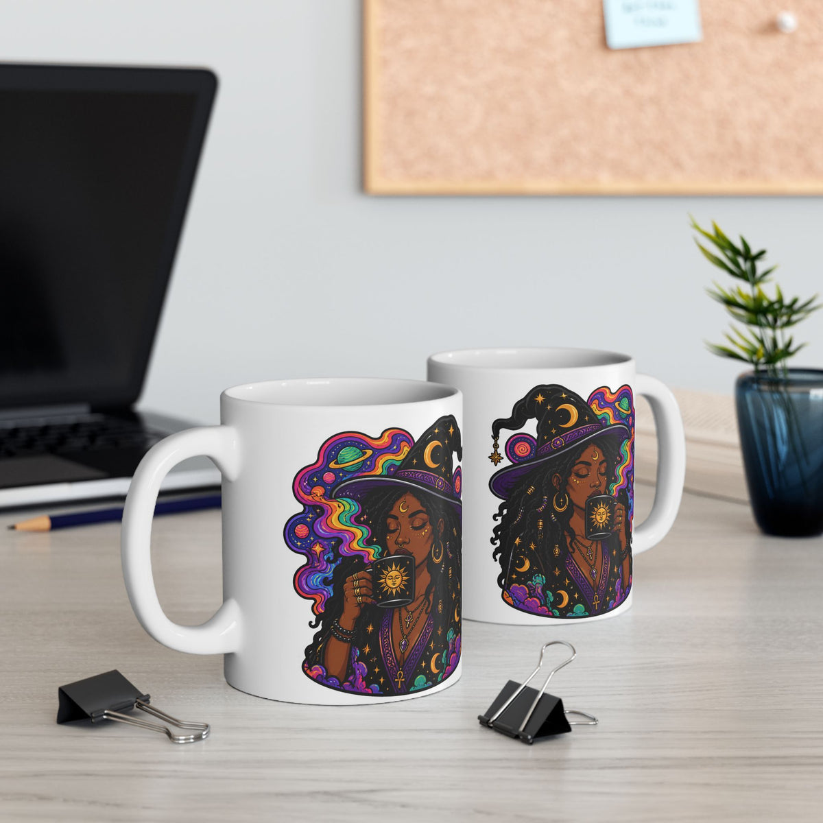 Witchy Boho Ceramic Mug — Colorful Mystic Witch Illustration (11oz, 15oz)