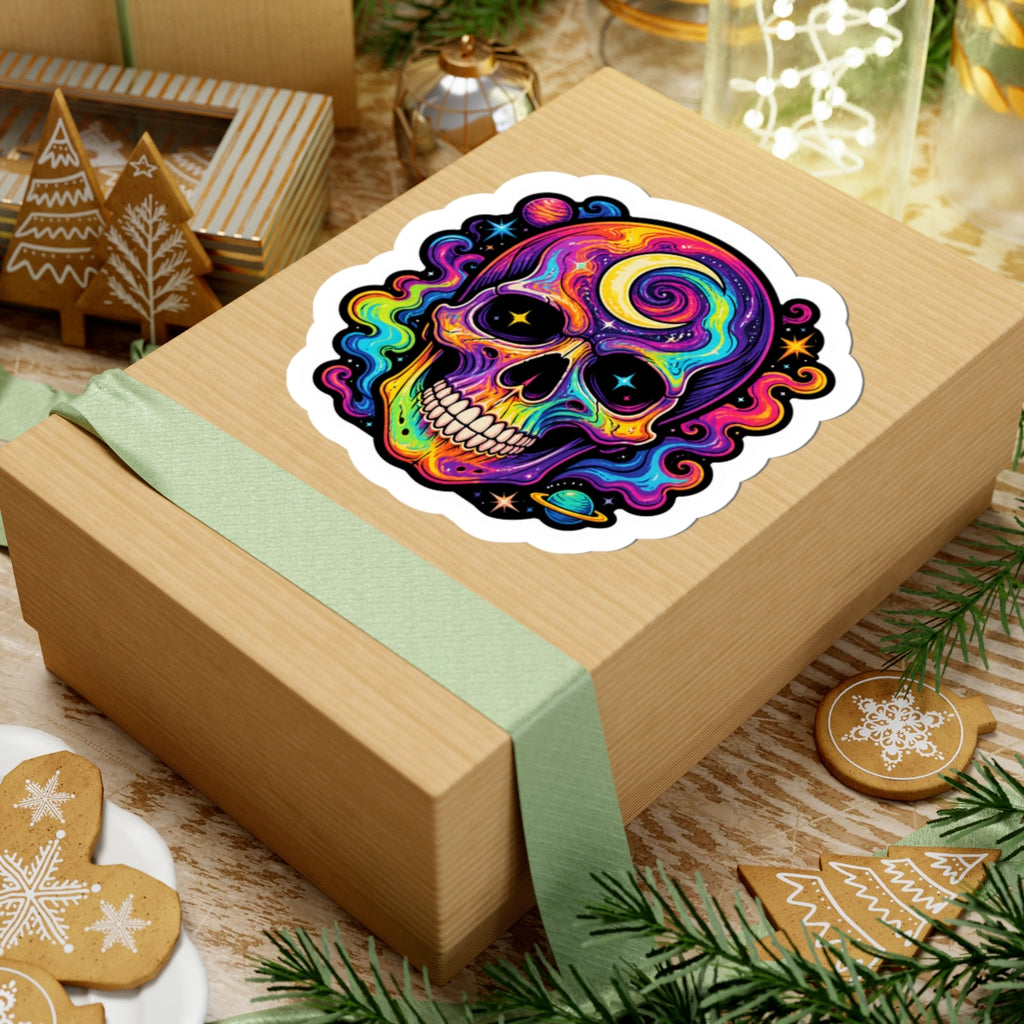 Psychedelic Skull Sticker — Colorful Cosmic Skull Kiss-Cut Decal