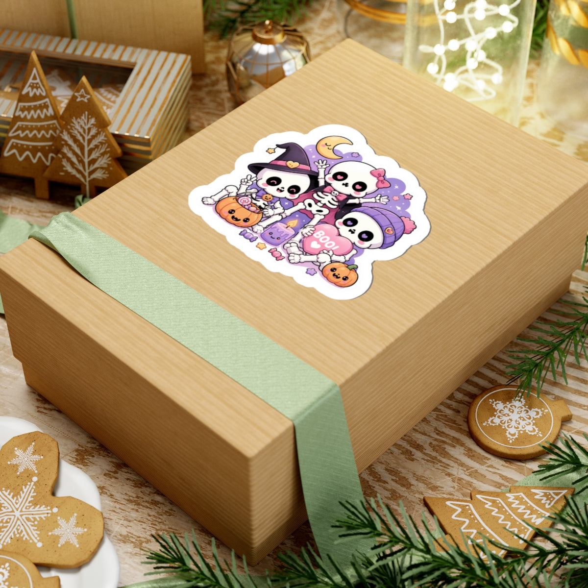 Cute Skeleton Trio Halloween Sticker — Kawaii Boo Kiss-Cut Sticker
