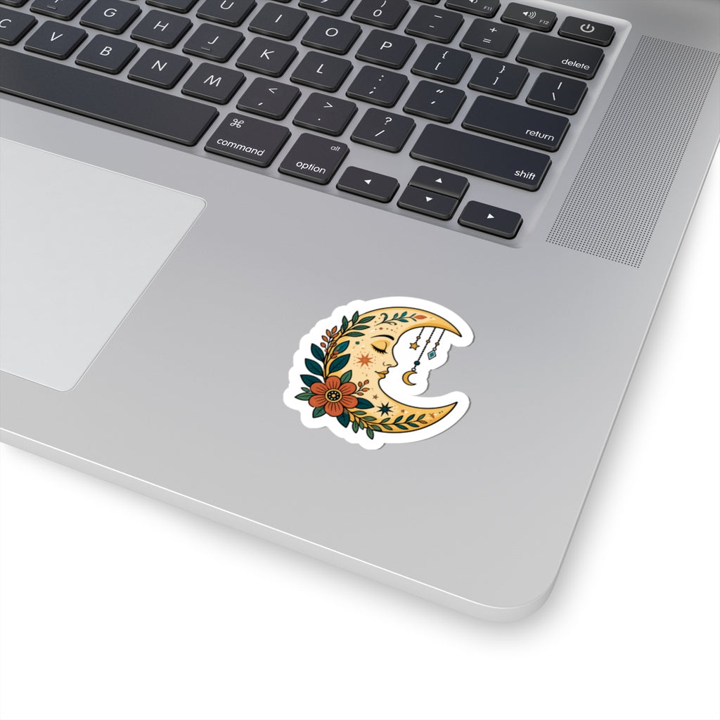 Moon Face Floral Sticker — Boho Crescent Moon Kiss-Cut Decal