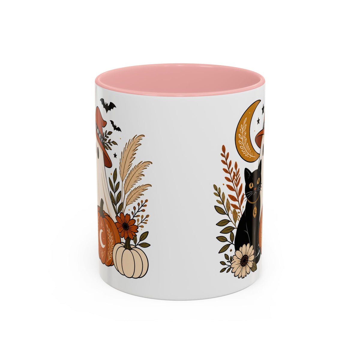 Halloween Ghost & Black Cat Accent Coffee Mug — Spooky Pumpkin Fall Coffee Cup (11/15oz)