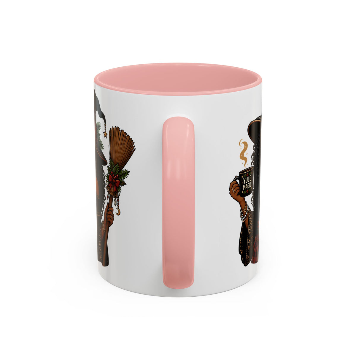 Witchy Christmas Coffee Mug with Black Witch and Broom Design