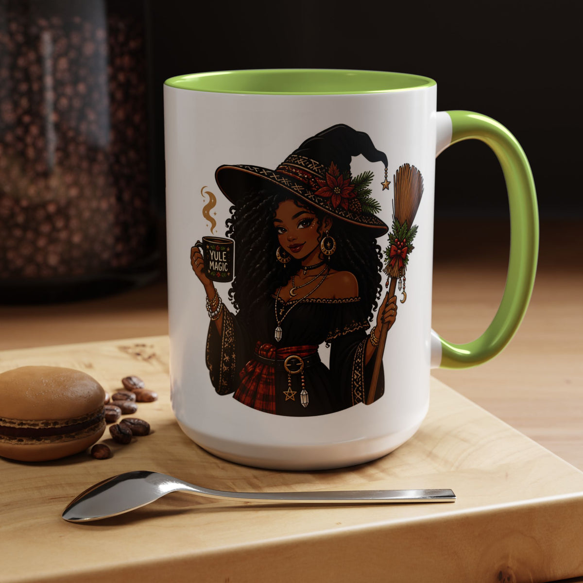 Witchy Christmas Coffee Mug with Black Witch and Broom Design