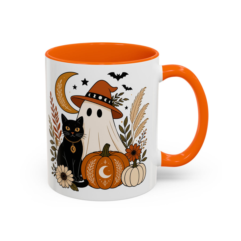 Halloween Ghost & Black Cat Accent Coffee Mug — Spooky Pumpkin Fall Coffee Cup (11/15oz)