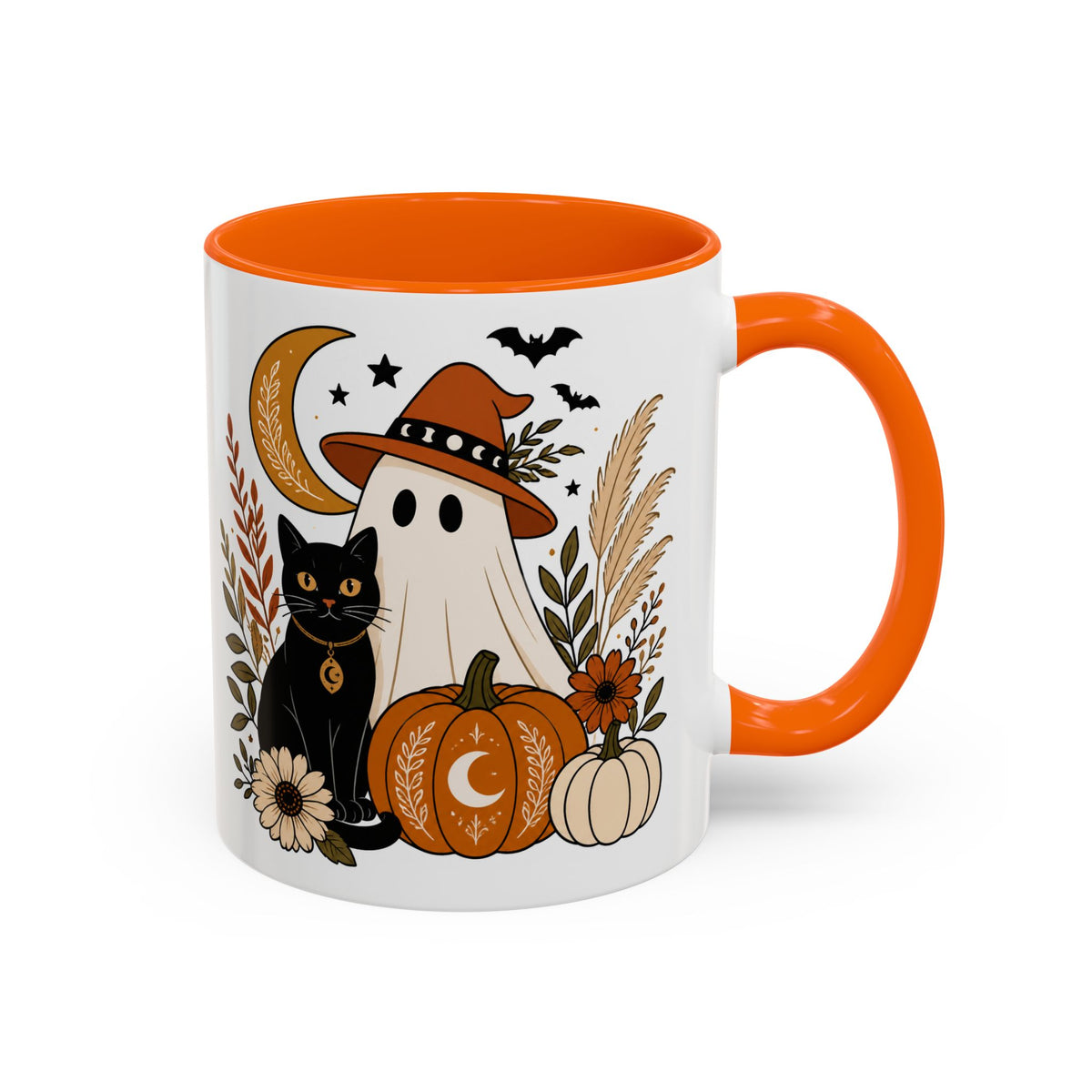 Halloween Ghost & Black Cat Accent Coffee Mug — Spooky Pumpkin Fall Coffee Cup (11/15oz)