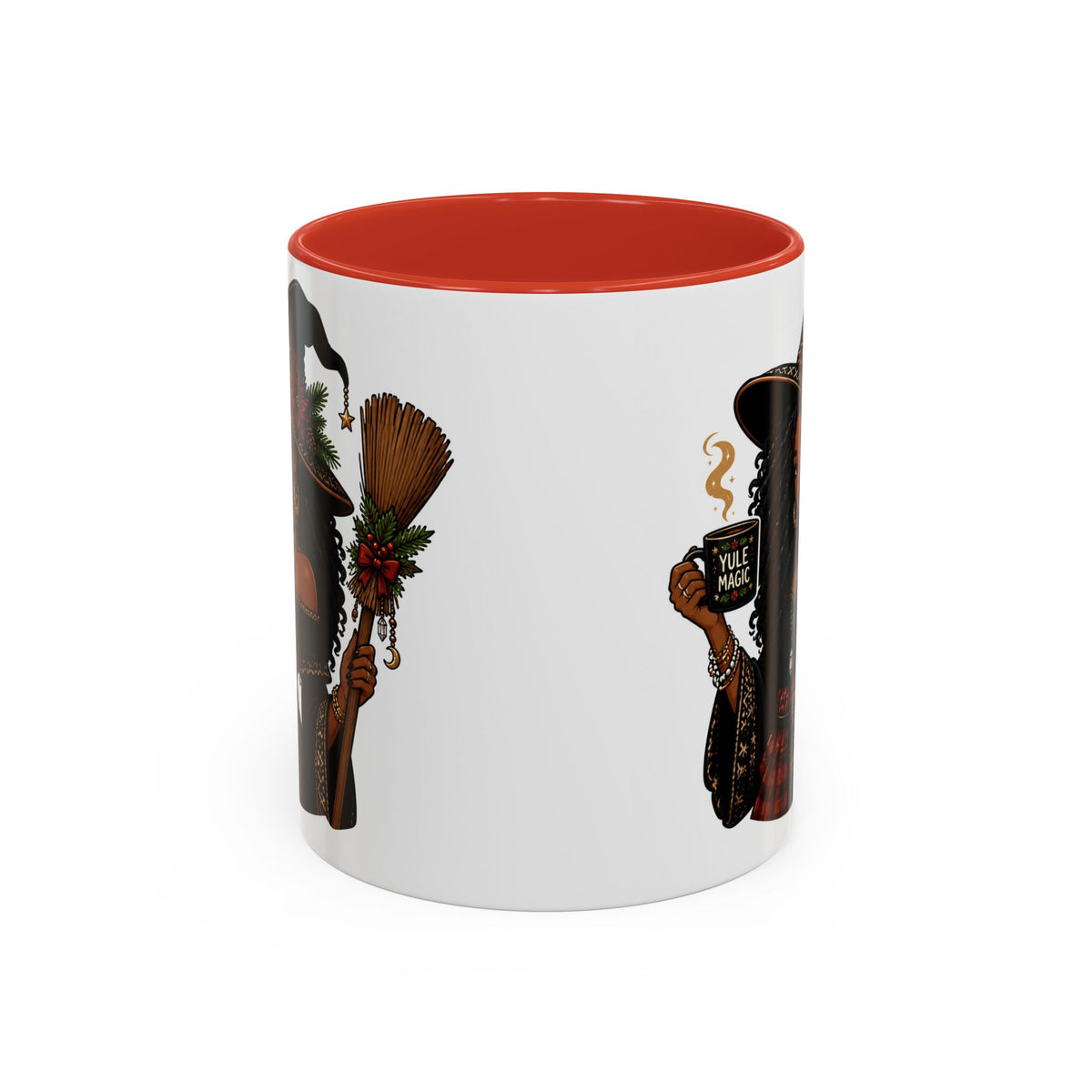 Witchy Christmas Coffee Mug with Black Witch and Broom Design
