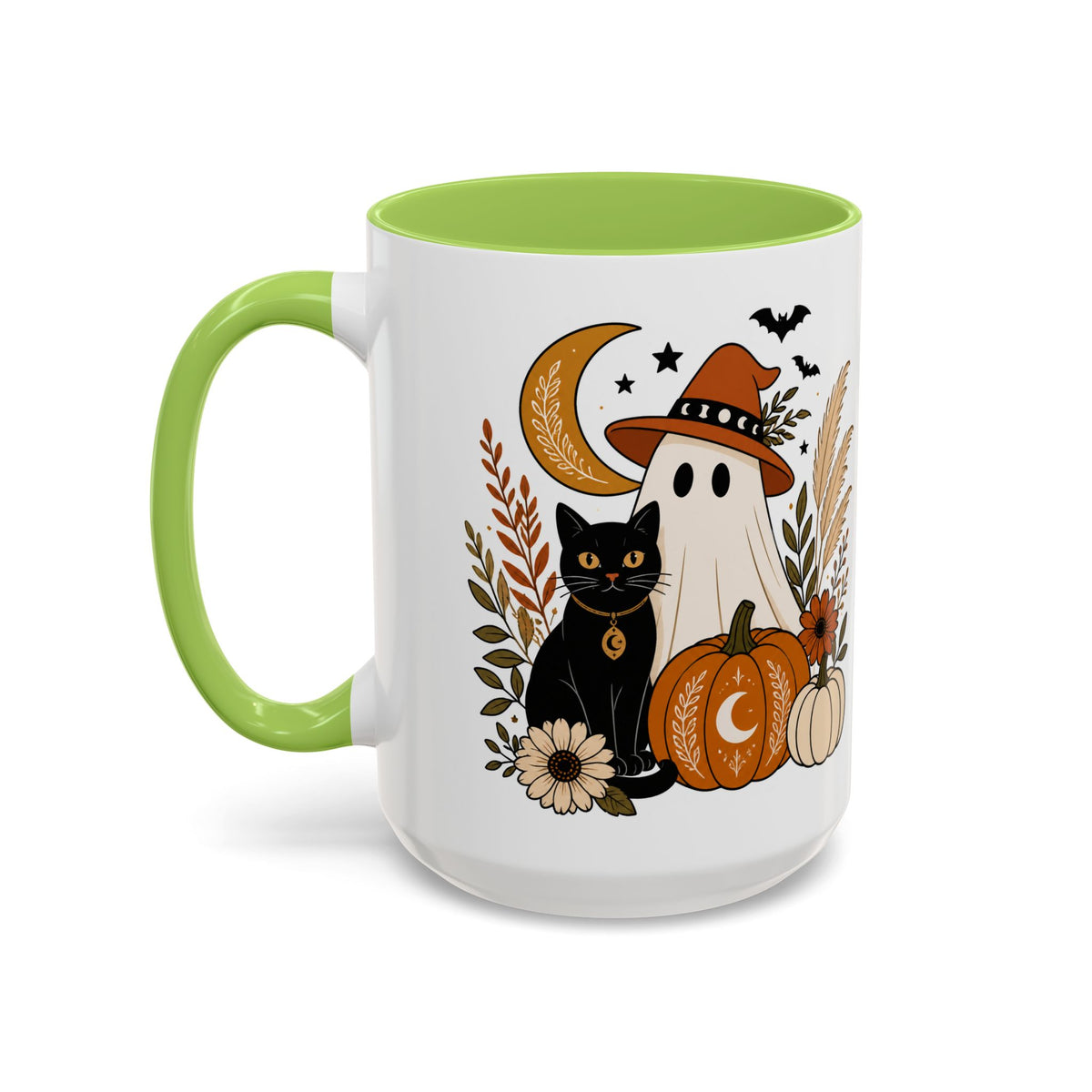 Halloween Ghost & Black Cat Accent Coffee Mug — Spooky Pumpkin Fall Coffee Cup (11/15oz)
