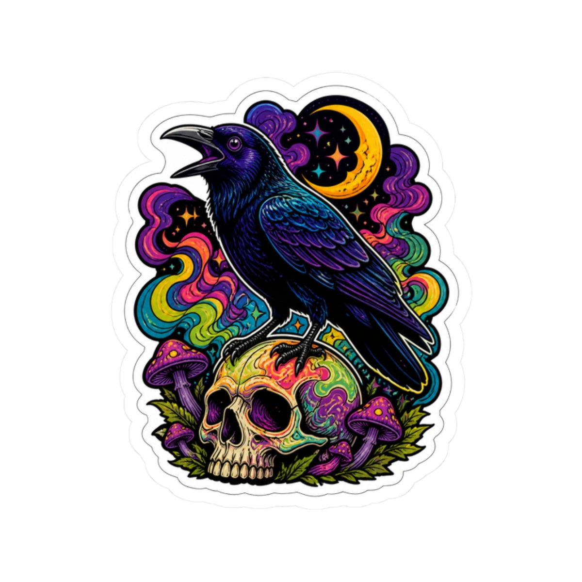 Psychedelic Raven Skull Sticker — Gothic Crow, Mushroom & Moon Kiss-Cut Decal