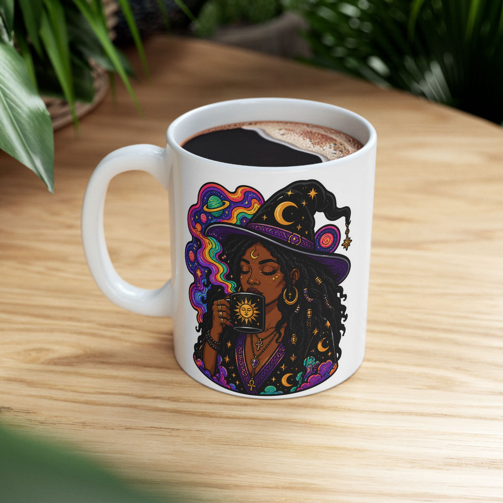 Witchy Boho Ceramic Mug — Colorful Mystic Witch Illustration (11oz, 15oz)
