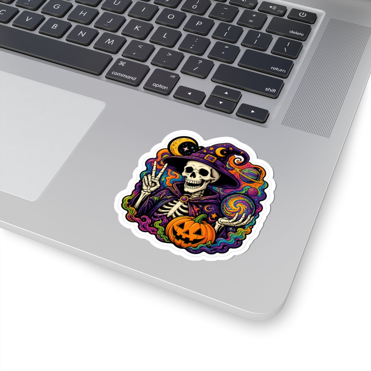 Halloween Wizard Skull Sticker — Colorful Witch, Pumpkin & Cosmic Magic Kiss-Cut Sticker
