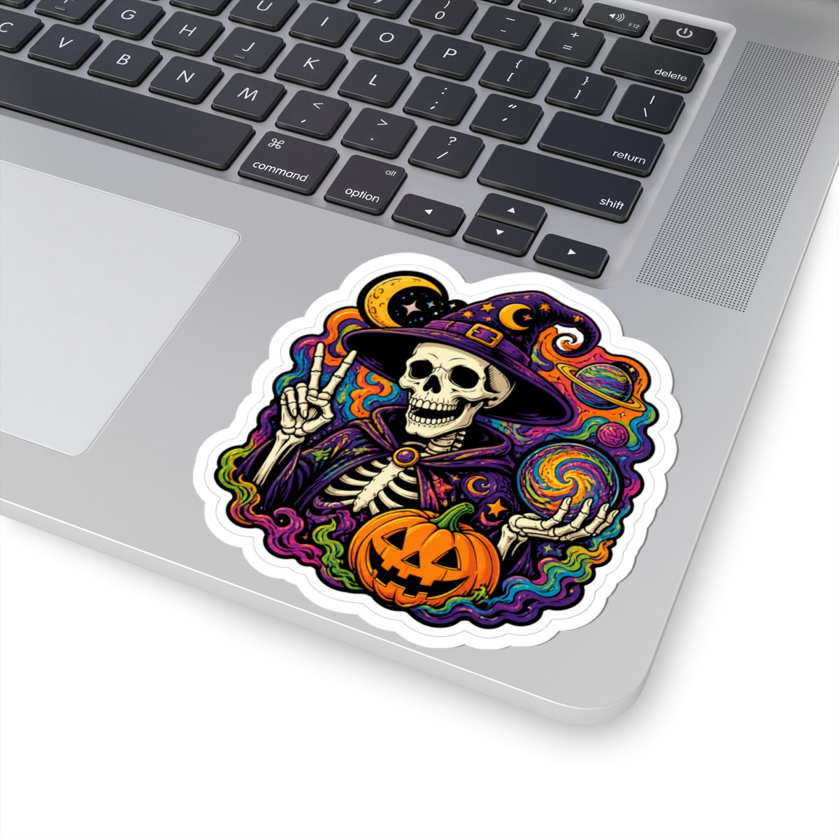 Halloween Wizard Skull Sticker — Colorful Witch, Pumpkin & Cosmic Magic Kiss-Cut Sticker