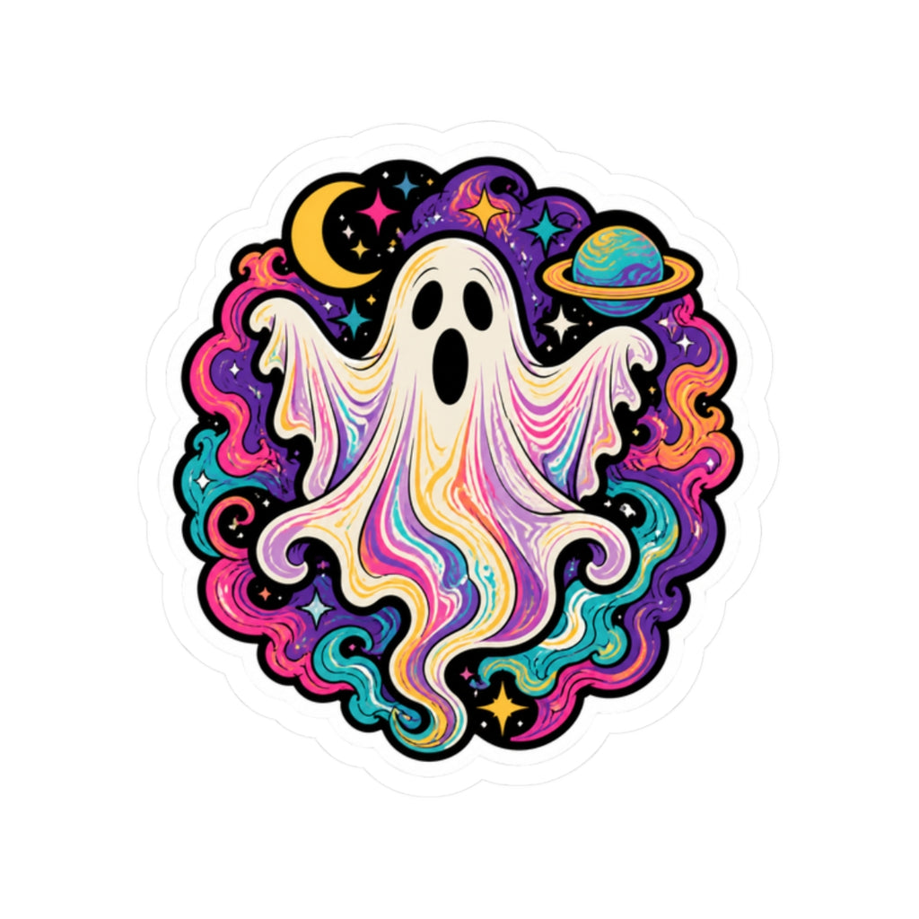 Psychedelic Ghost Sticker — Colorful Cosmic Halloween Kiss-Cut Decal