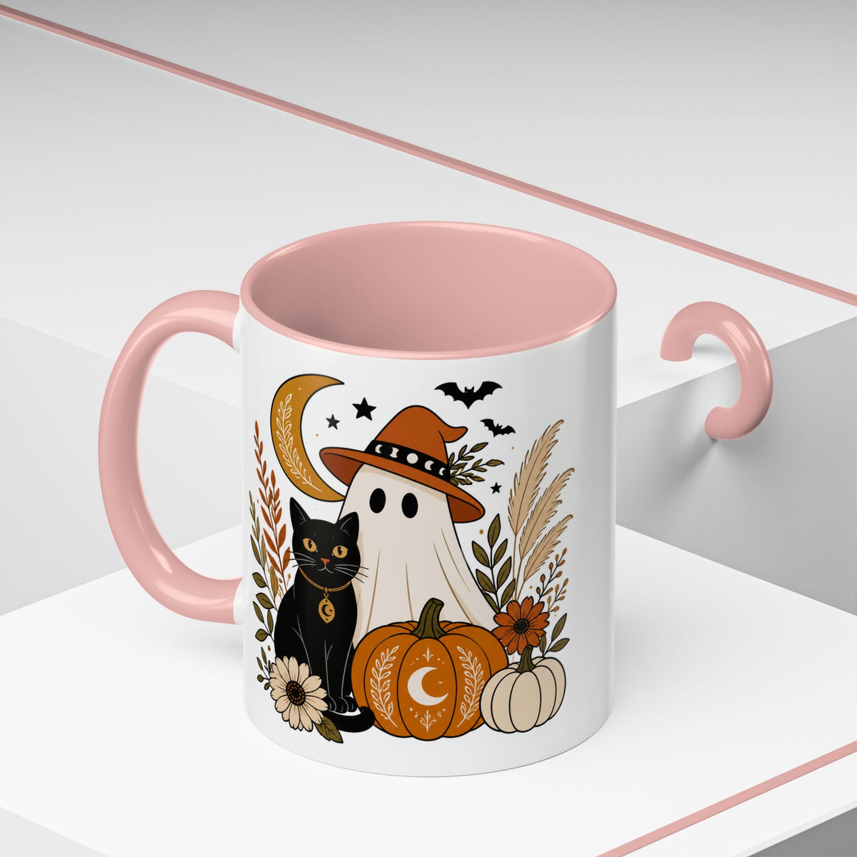 Halloween Ghost & Black Cat Accent Coffee Mug — Spooky Pumpkin Fall Coffee Cup (11/15oz)