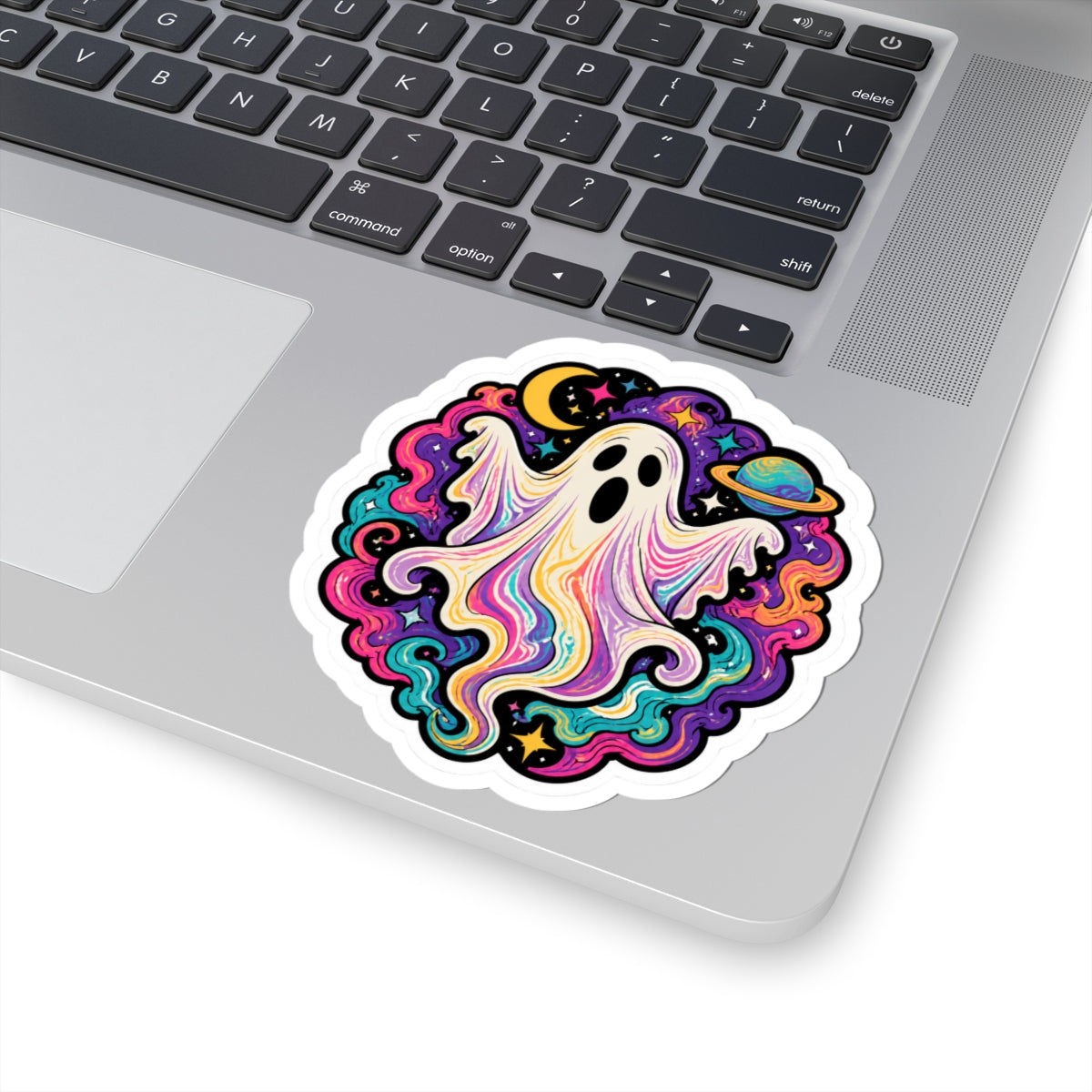 Psychedelic Ghost Sticker — Colorful Cosmic Halloween Kiss-Cut Decal