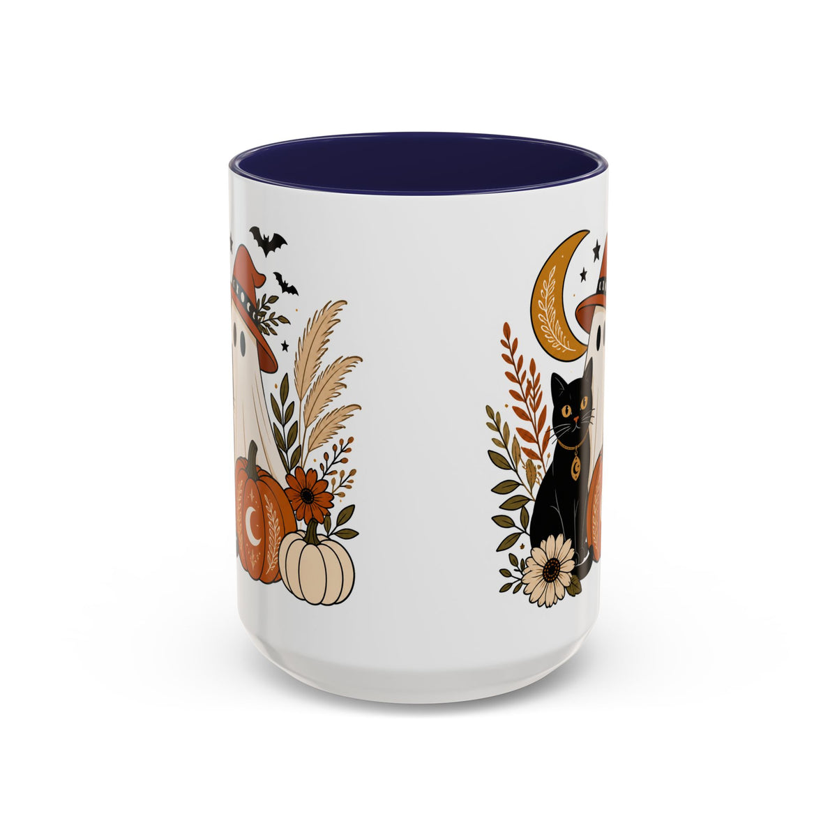 Halloween Ghost & Black Cat Accent Coffee Mug — Spooky Pumpkin Fall Coffee Cup (11/15oz)