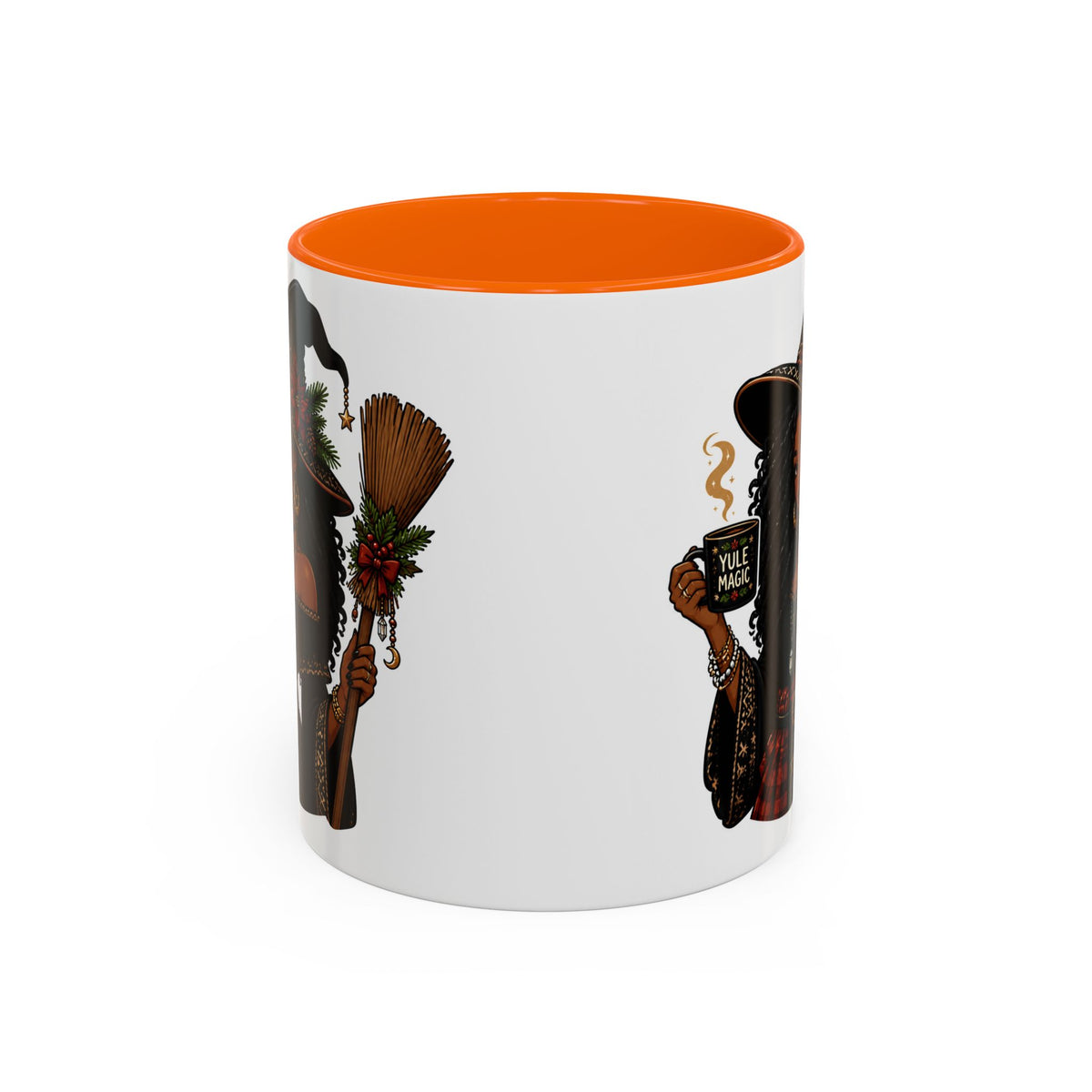 Witchy Christmas Coffee Mug with Black Witch and Broom Design