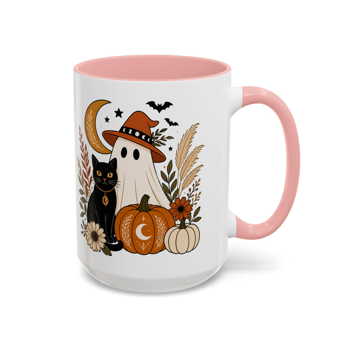 Halloween Ghost & Black Cat Accent Coffee Mug — Spooky Pumpkin Fall Coffee Cup (11/15oz)