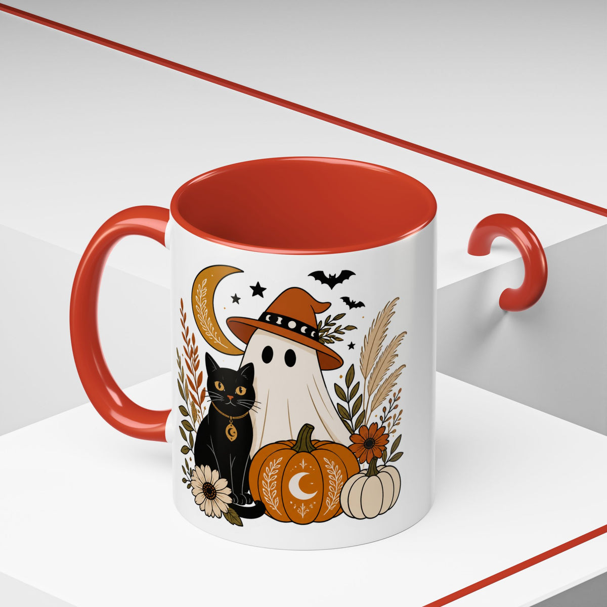 Halloween Ghost & Black Cat Accent Coffee Mug — Spooky Pumpkin Fall Coffee Cup (11/15oz)