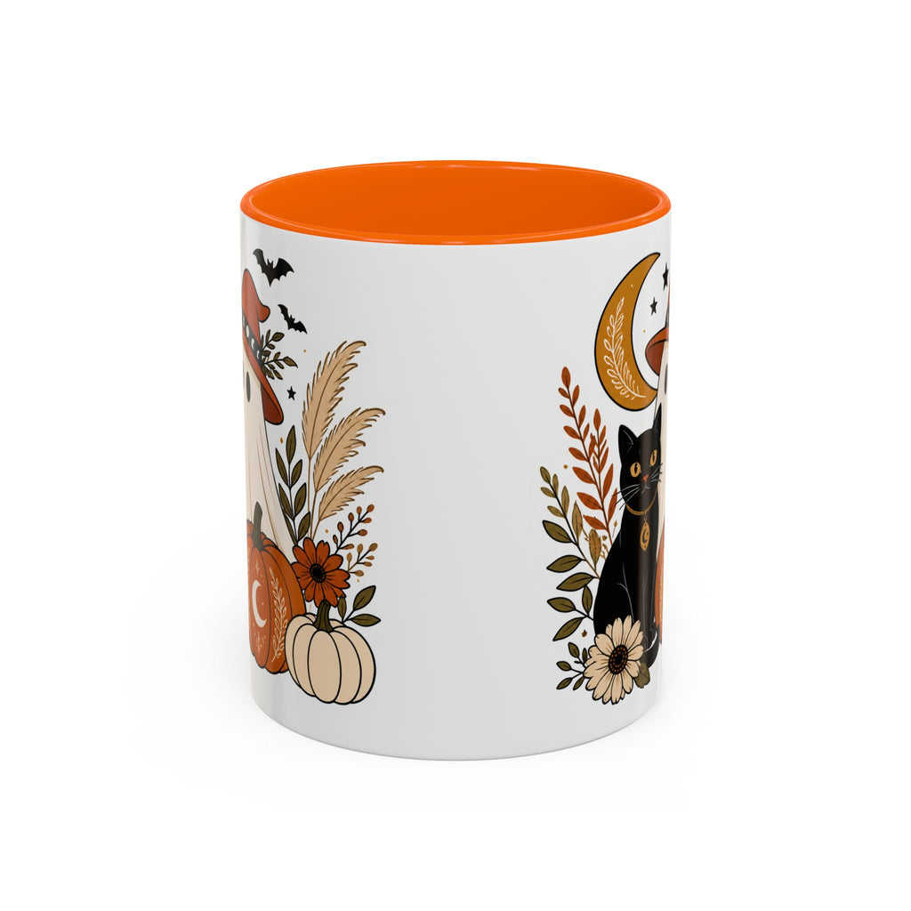 Halloween Ghost & Black Cat Accent Coffee Mug — Spooky Pumpkin Fall Coffee Cup (11/15oz)