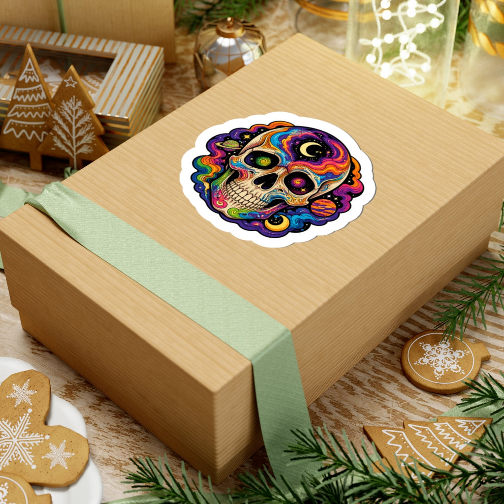 Psychedelic Cosmic Skull Sticker — Colorful Space Skull Kiss-Cut Decal