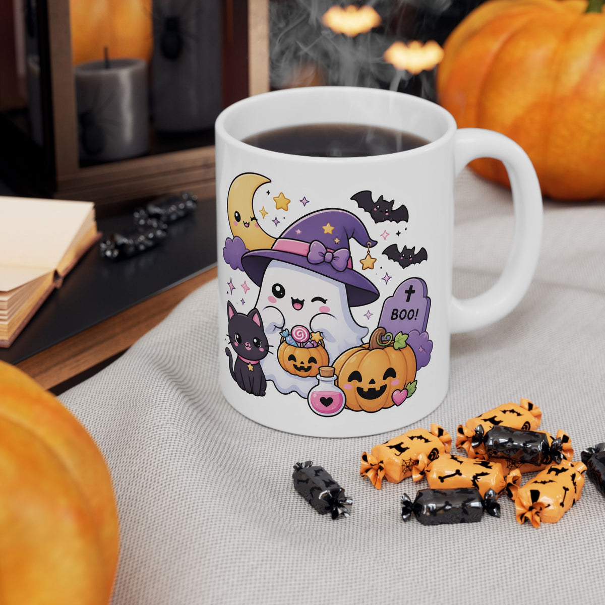 Cute Halloween Mug – Kawaii Pumpkins, Black Cat & Ghosts Ceramic Coffee Cup (11oz/15oz)