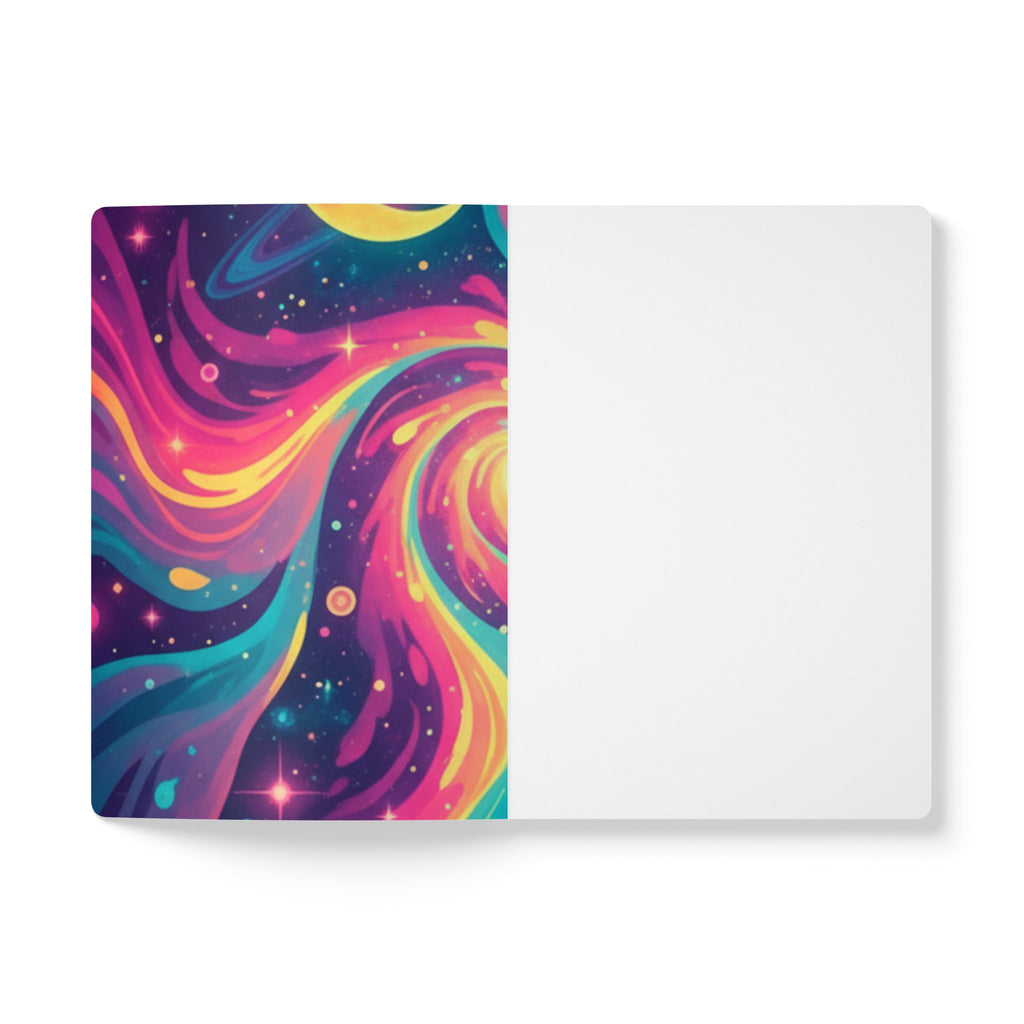 Cosmic Swirl Softcover Journal — Neon Galaxy Moon & Planets Notebook