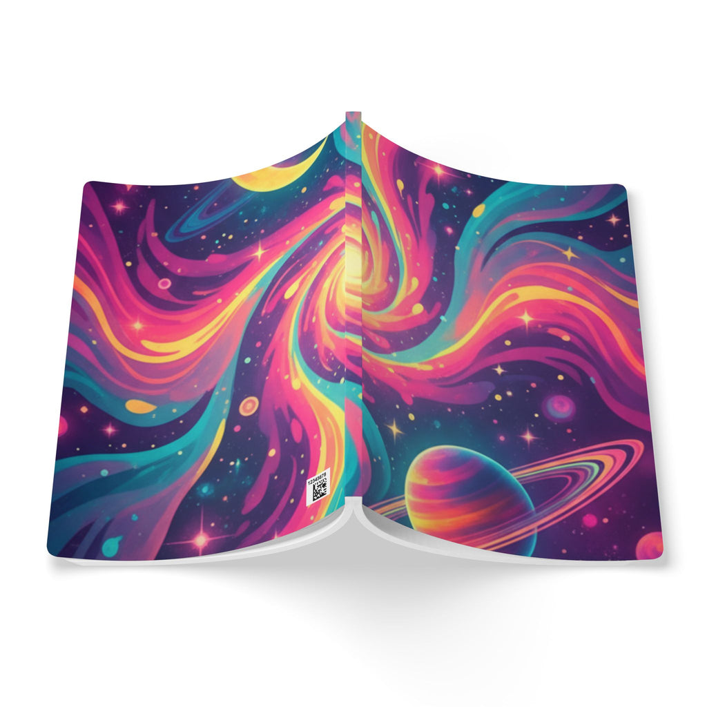 Cosmic Swirl Softcover Journal — Neon Galaxy Moon & Planets Notebook