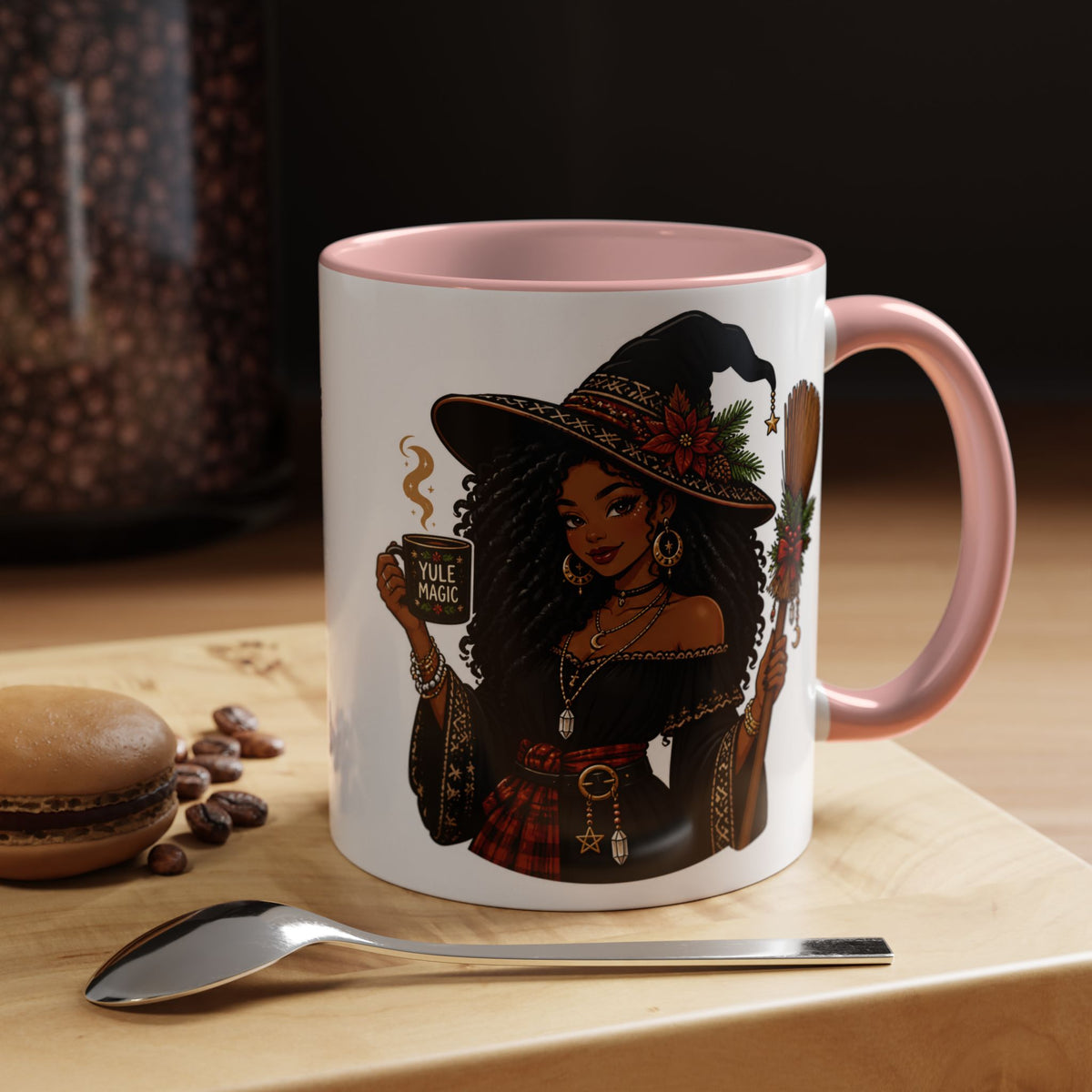 Witchy Christmas Coffee Mug with Black Witch and Broom Design