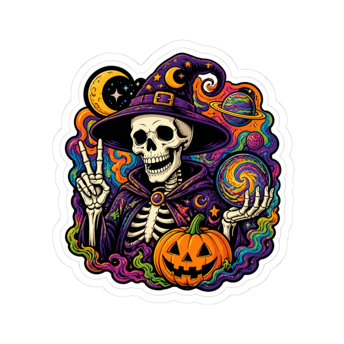 Halloween Wizard Skull Sticker — Colorful Witch, Pumpkin & Cosmic Magic Kiss-Cut Sticker