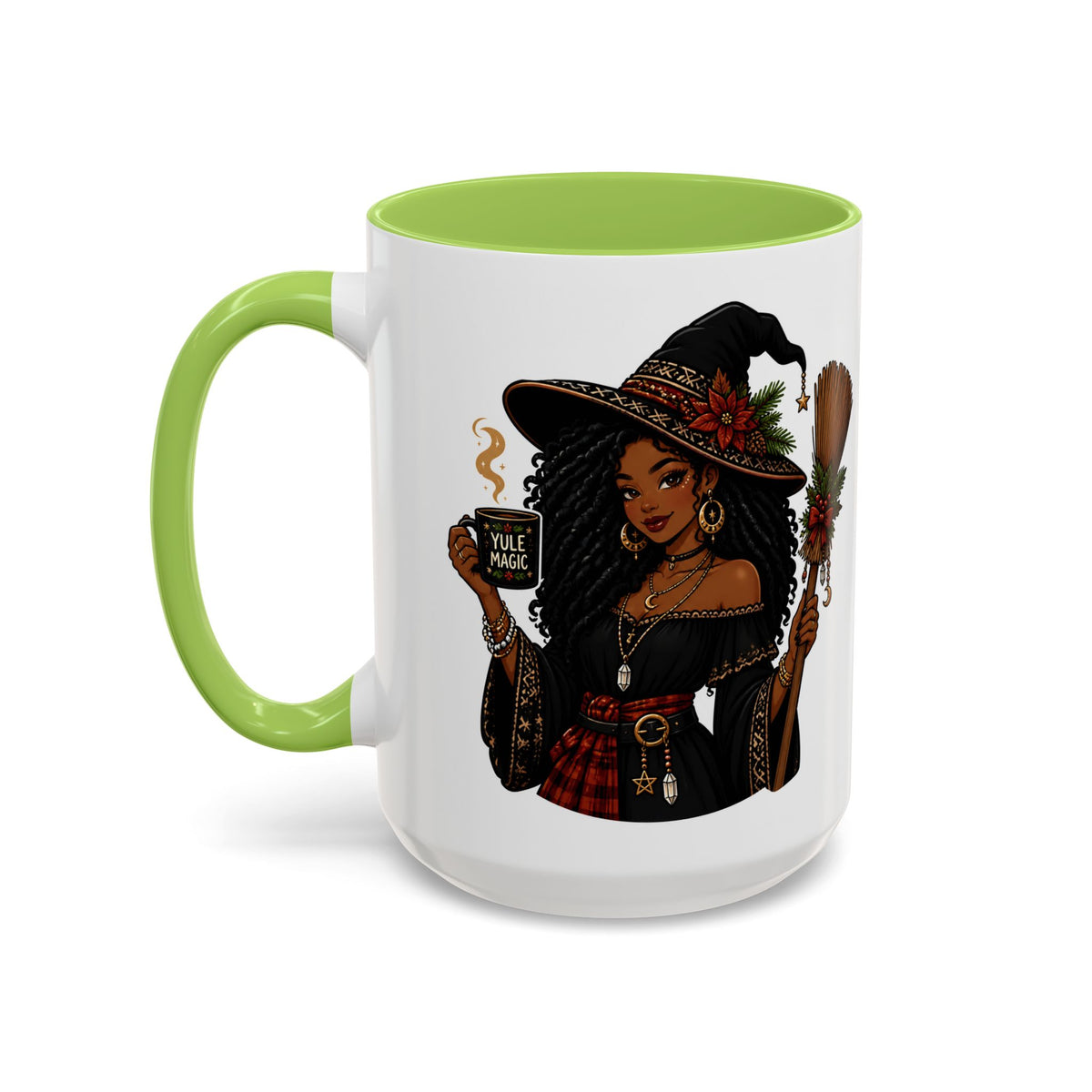 Witchy Christmas Coffee Mug with Black Witch and Broom Design