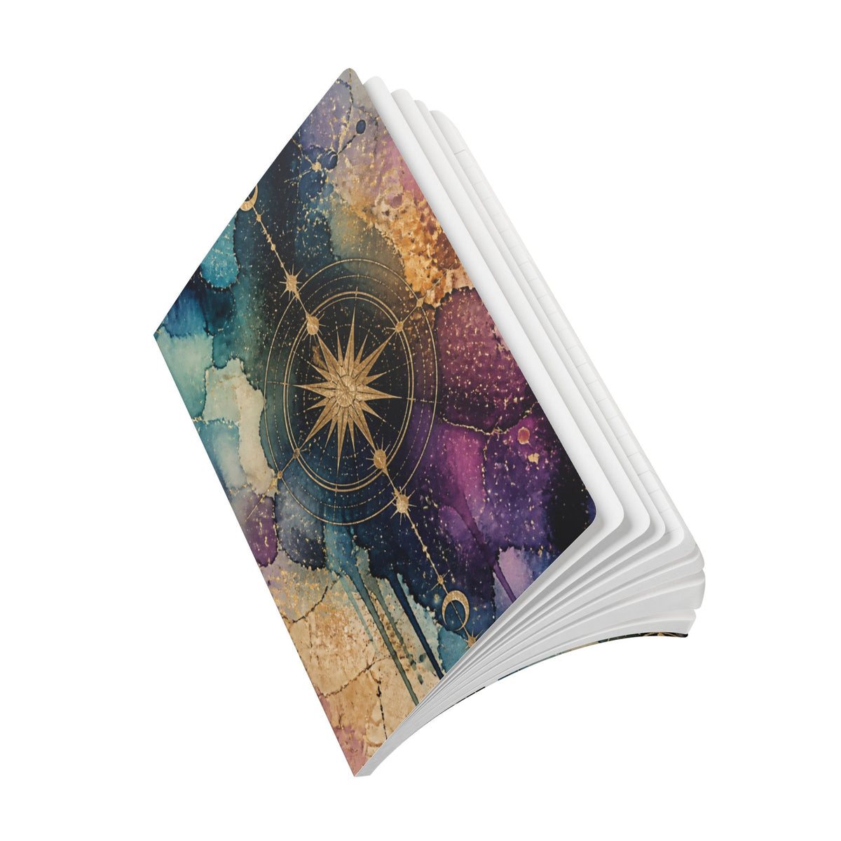 Celestial Compass Softcover Journal — Galaxy Watercolor Notebook with Gold Star Mandala