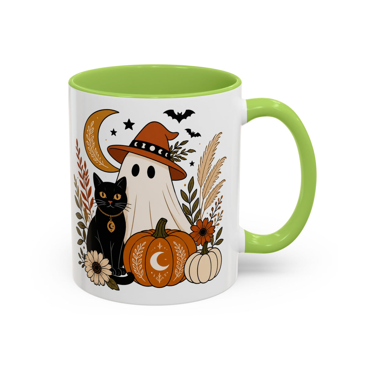 Halloween Ghost & Black Cat Accent Coffee Mug — Spooky Pumpkin Fall Coffee Cup (11/15oz)