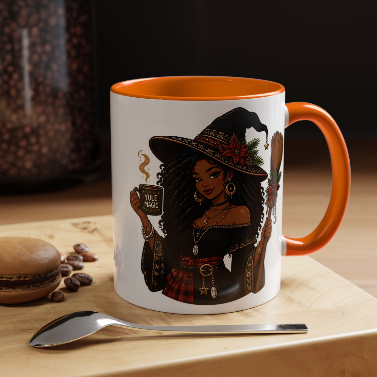 Witchy Christmas Coffee Mug with Black Witch and Broom Design