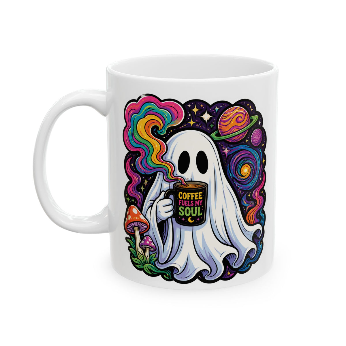 Psychedelic Skull & Mushroom Ceramic Mug (11oz, 15oz) — Colorful Trippy Coffee Cup