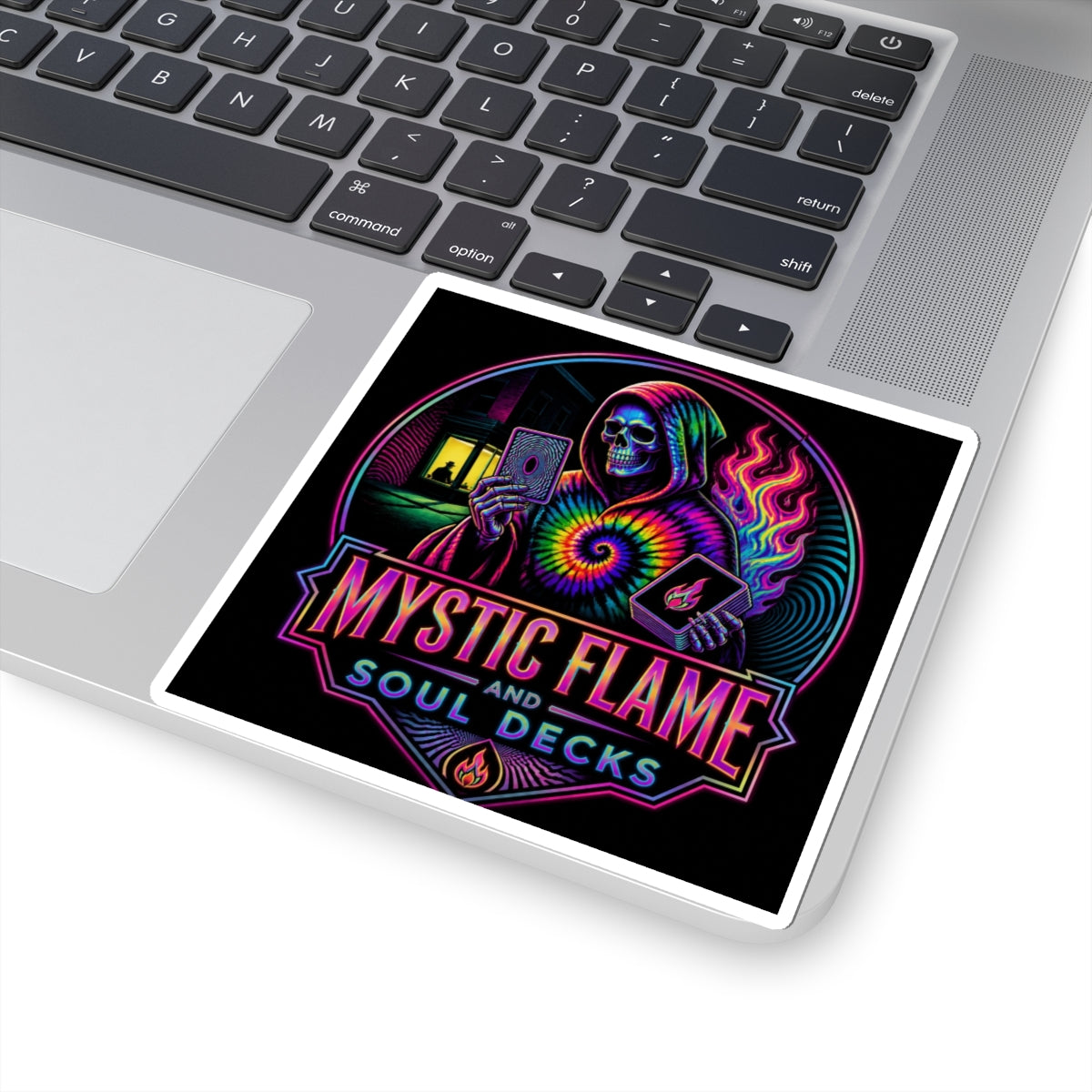 Mystic Flame & Soul Decks Sticker — Neon Grim Reaper Tarot Design