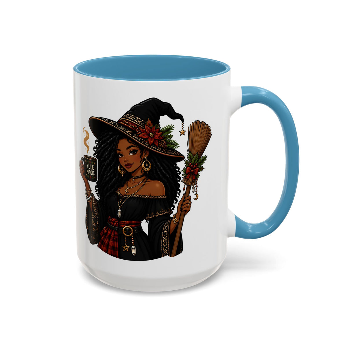 Witchy Christmas Coffee Mug with Black Witch and Broom Design