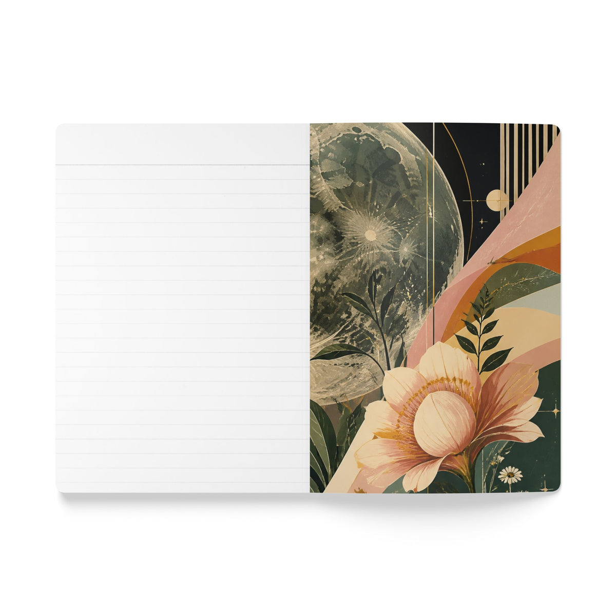 Moonlit Garden Softcover Journal — Floral Cosmic Notebook for Reflection & Dreams