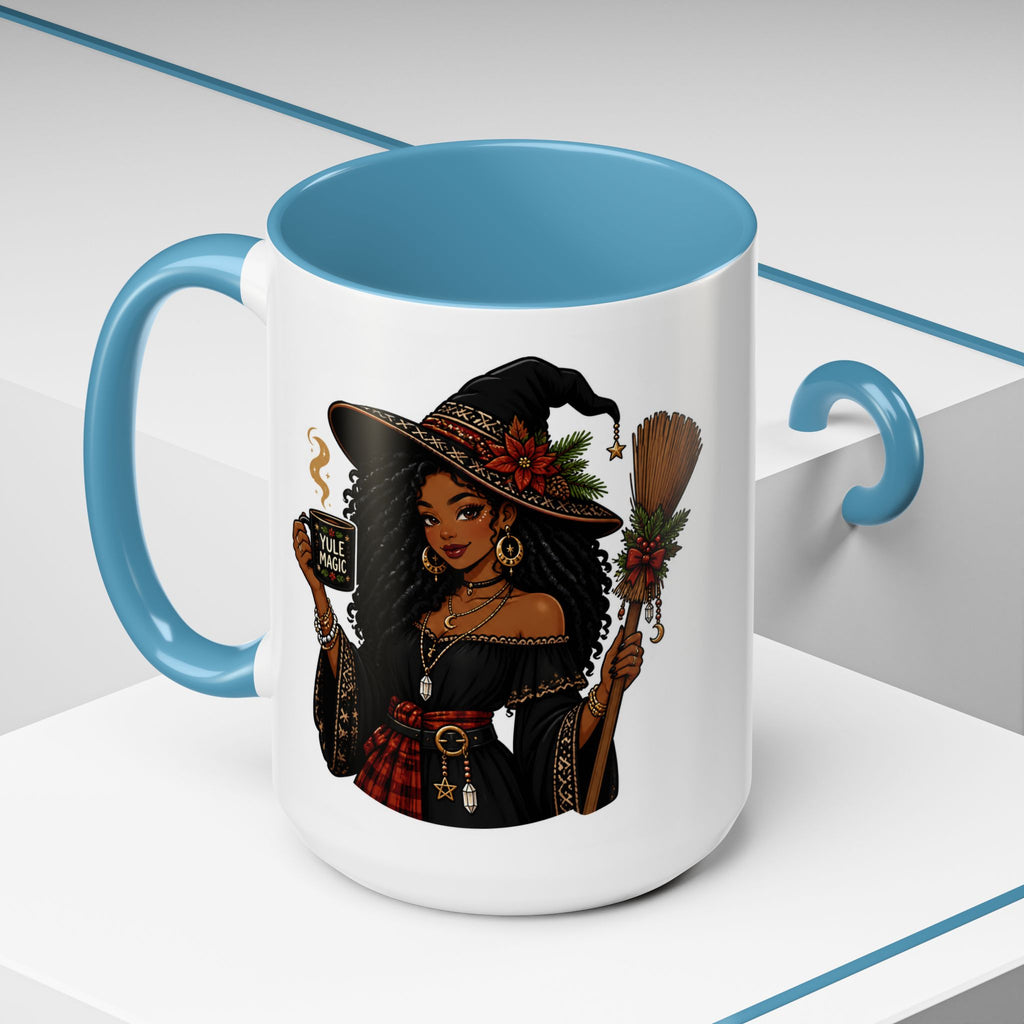 Witchy Christmas Coffee Mug with Black Witch and Broom Design