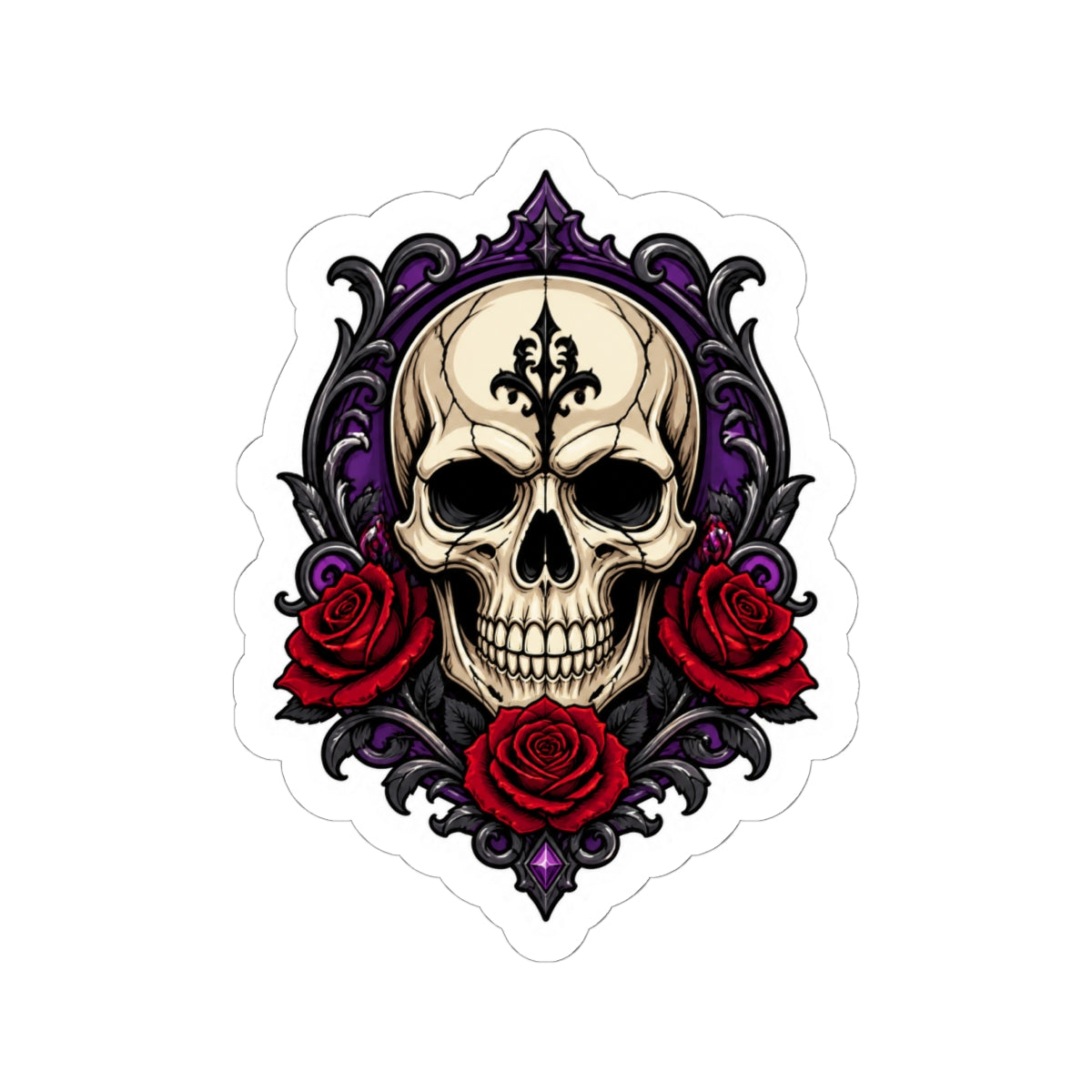 Gothic Skull and Red Roses Kiss-Cut Sticker
