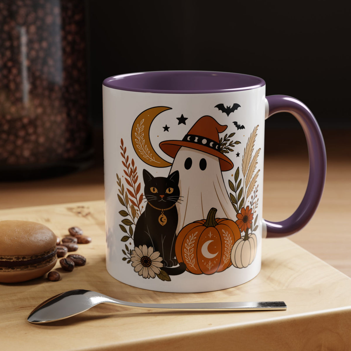 Halloween Ghost & Black Cat Accent Coffee Mug — Spooky Pumpkin Fall Coffee Cup (11/15oz)
