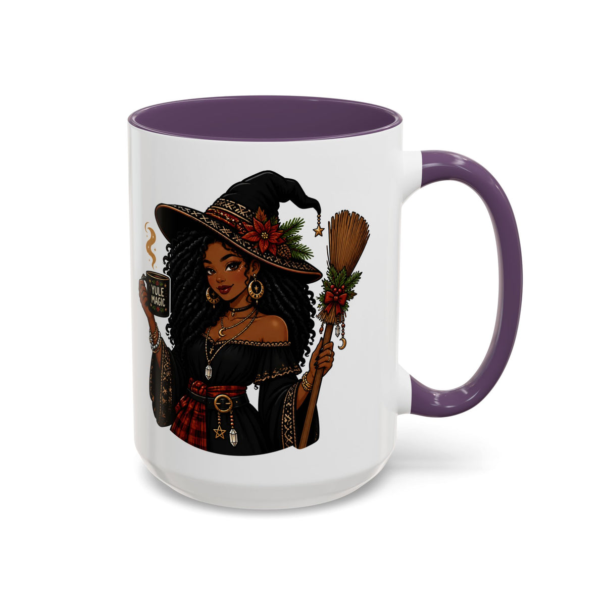 Witchy Christmas Coffee Mug with Black Witch and Broom Design