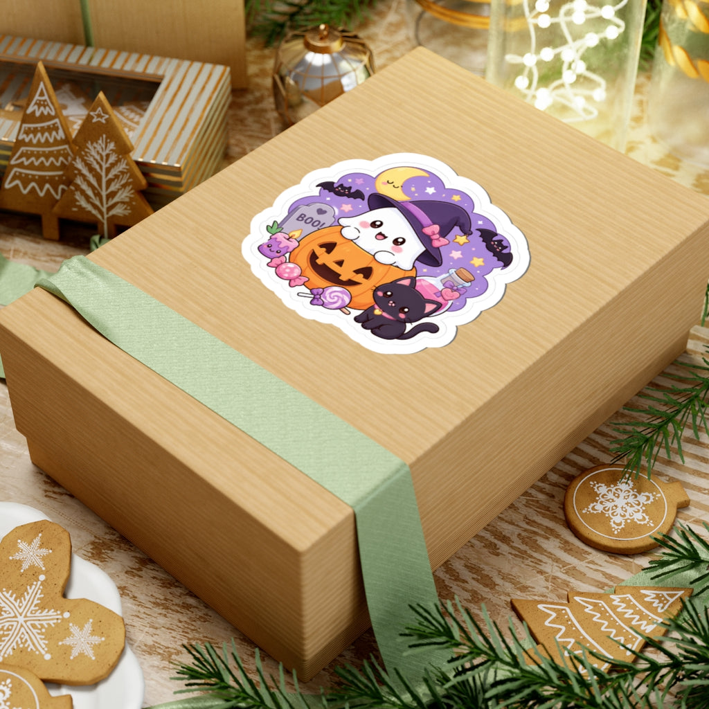 Cute Halloween Ghost & Black Cat Kiss-Cut Sticker — Pumpkin, Candy & Witch Hat Design