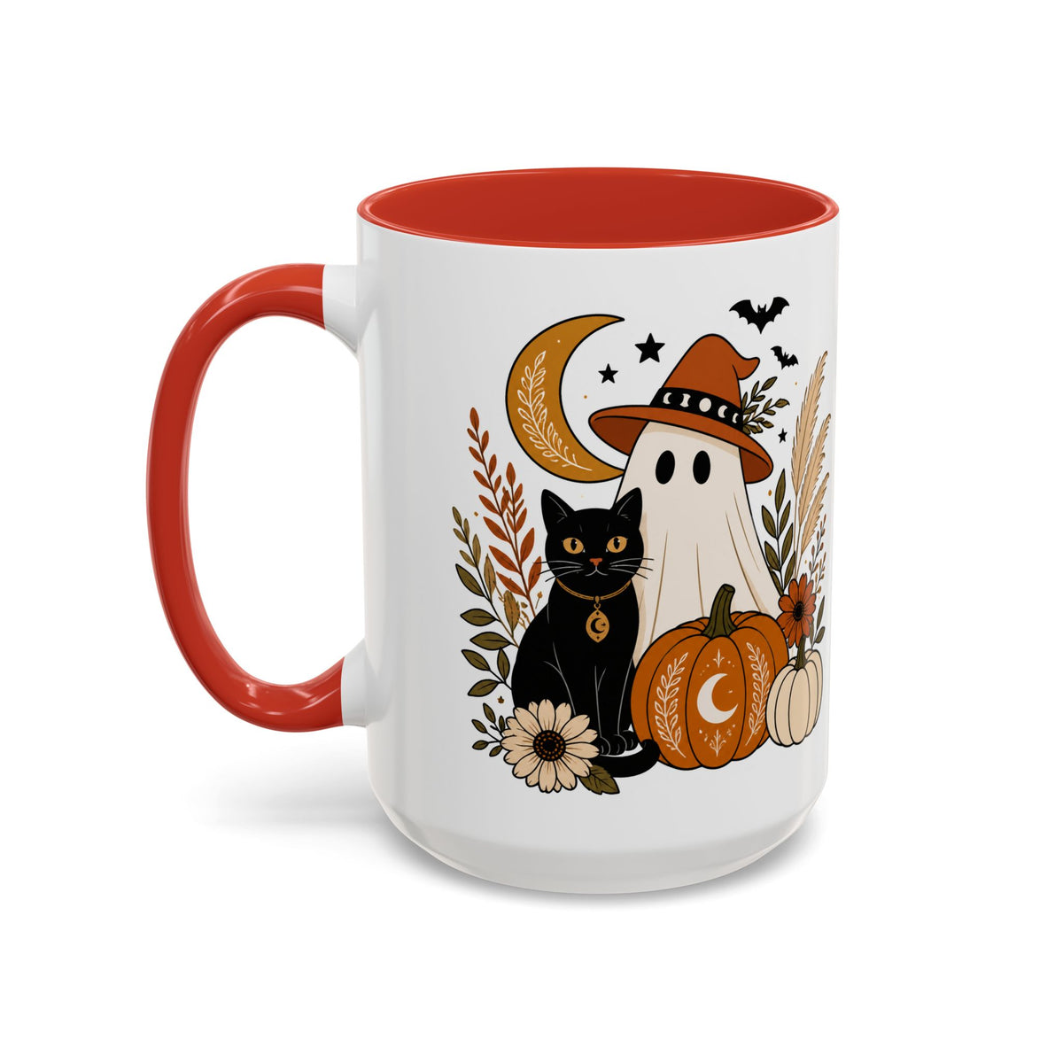 Halloween Ghost & Black Cat Accent Coffee Mug — Spooky Pumpkin Fall Coffee Cup (11/15oz)