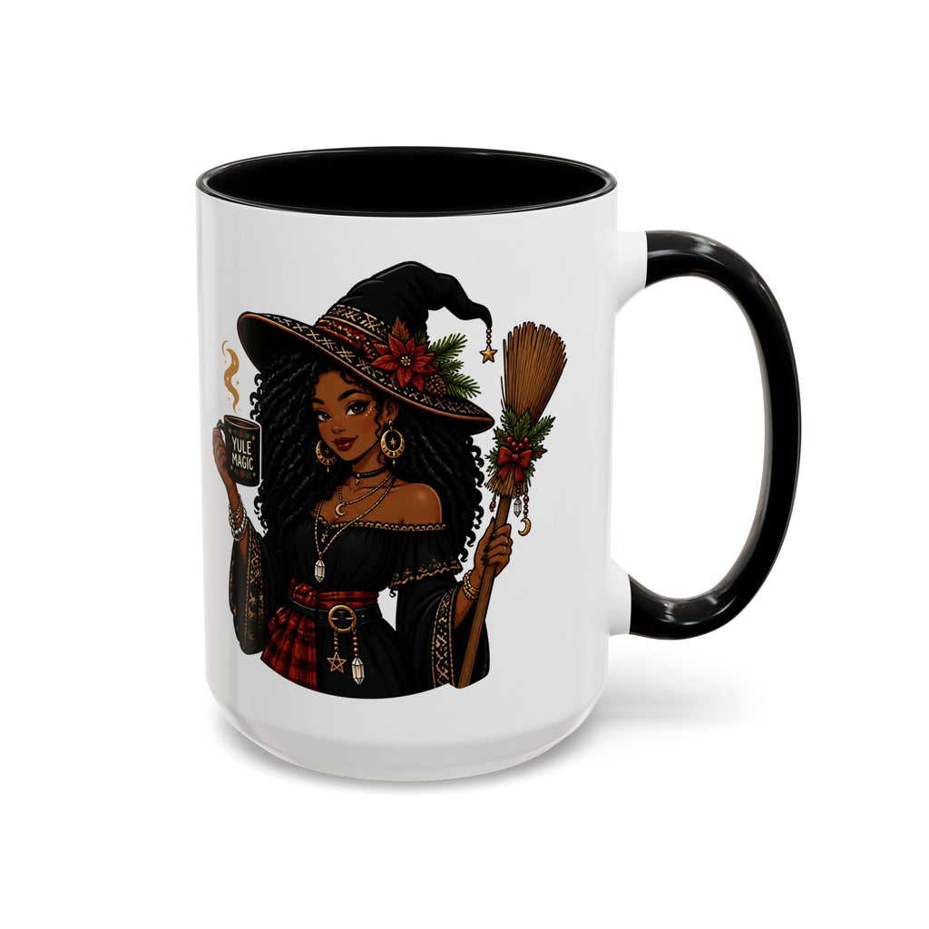 Witchy Christmas Coffee Mug with Black Witch and Broom Design