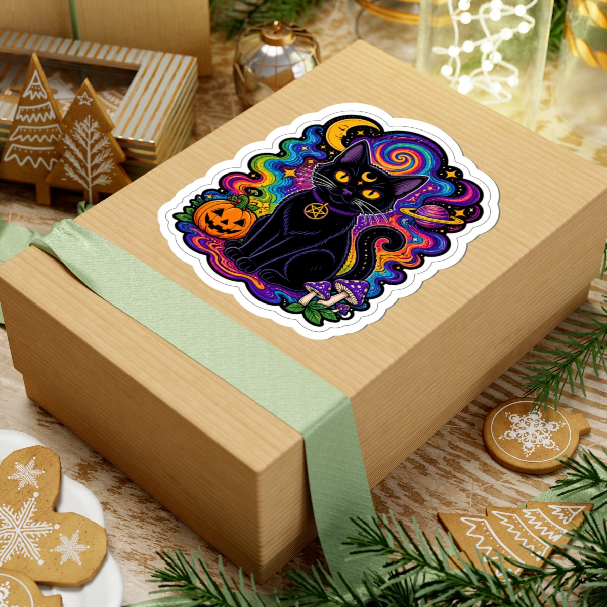 Psychedelic Black Cat Sticker — Halloween Witchy Cat Pumpkin Design