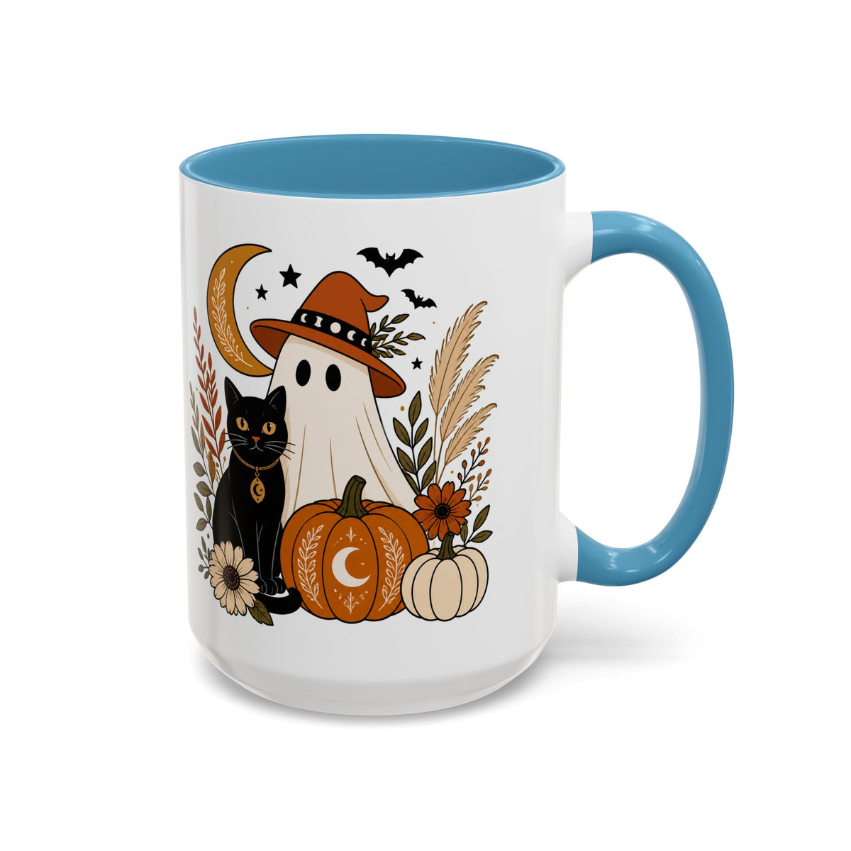Halloween Ghost & Black Cat Accent Coffee Mug — Spooky Pumpkin Fall Coffee Cup (11/15oz)