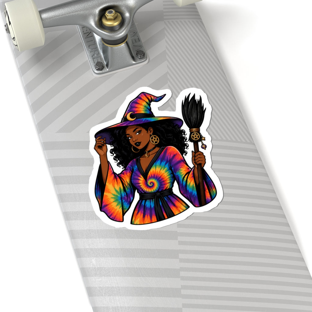 Tie-Dye Witch Sticker — Witch with Rainbow Spell Hat & Broom