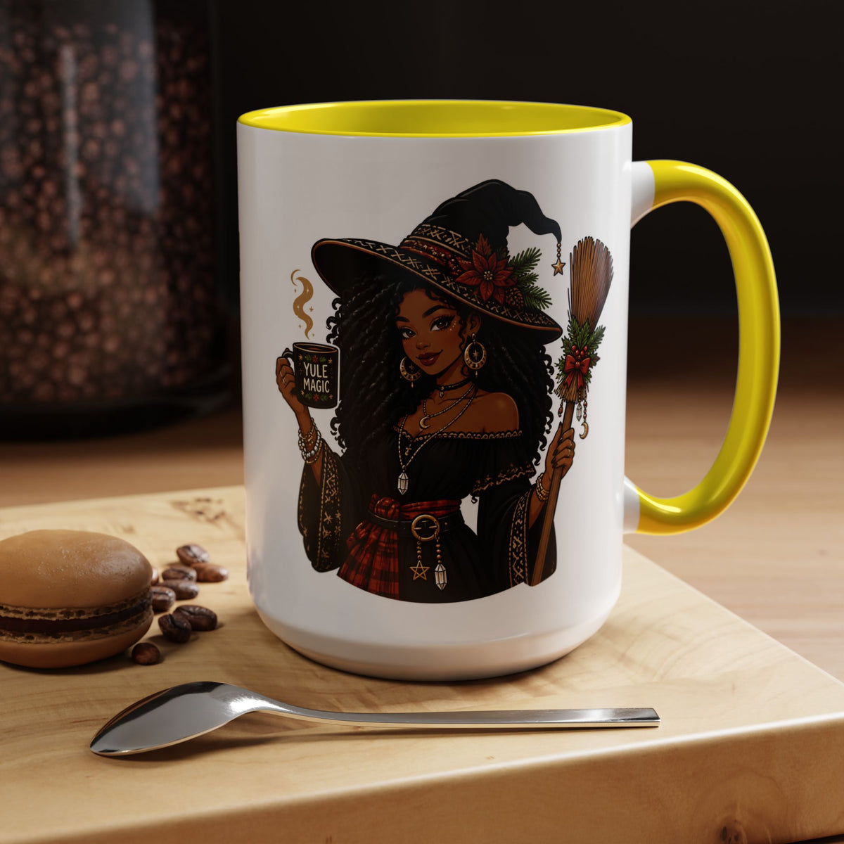 Witchy Christmas Coffee Mug with Black Witch and Broom Design