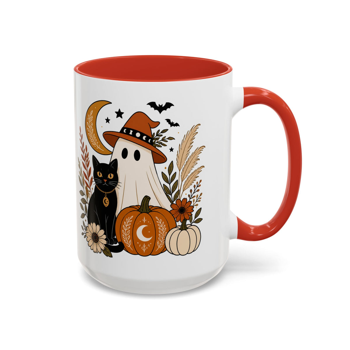 Halloween Ghost & Black Cat Accent Coffee Mug — Spooky Pumpkin Fall Coffee Cup (11/15oz)